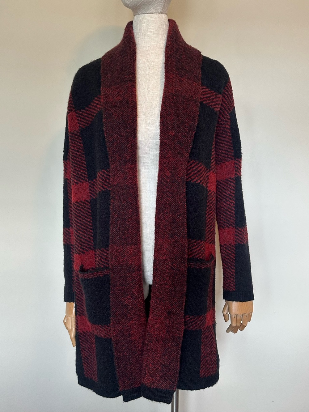 Joe's Jeans Red and Black Plaid Open-Front Cardigan Sweater Duster